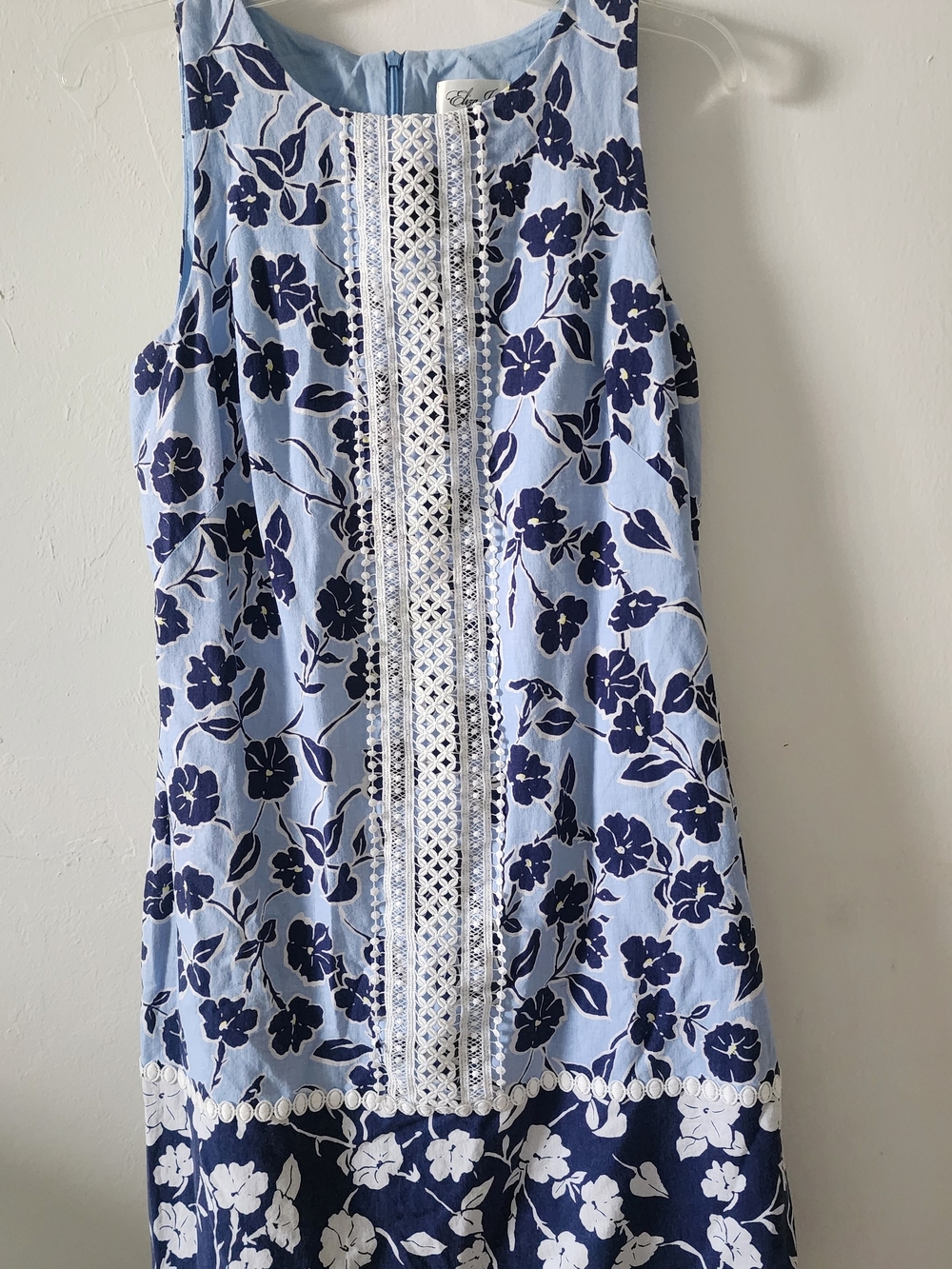 Eliza J Sky Blue & Navy Floral Crochet-Trim Sleeveless Dress